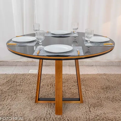 Mesa de Jantar Atlanta Redonda 120cm Vidro Preto/Base Madeira- Entrega Rápida