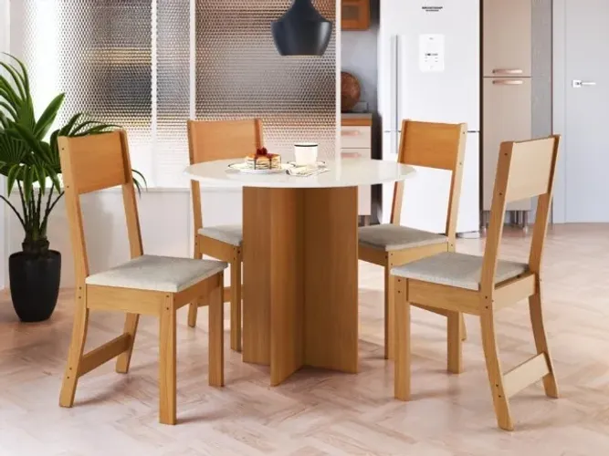 Mesa de Jantar Alice Circular C/ 4 Cadeiras Linho Freijó/Off White Frete Grátis - Até 12x