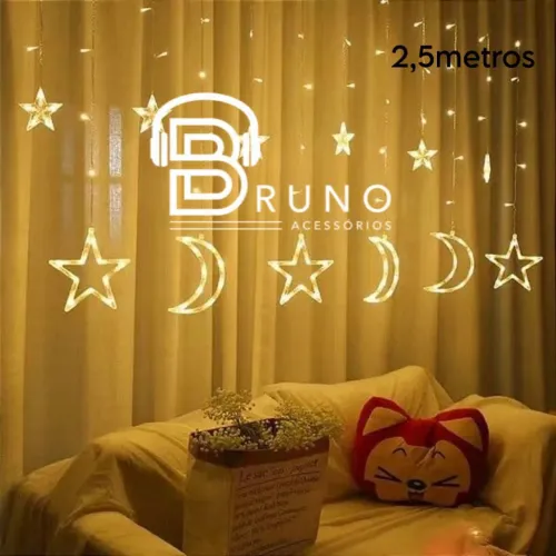 Cascata Led Lua e Estrelas Branco Quente 2,5m 8 funções 