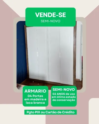Armário 4 portas em madeira e laca branca - Semi-novo