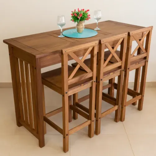 Bancada Gourmet Balcão Cozinha Madeira + 3 Banquetas Encosto