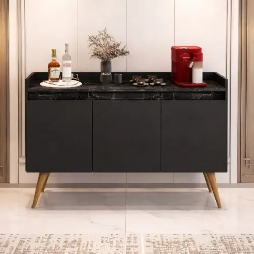Buffet Gold Marmorizado 3 portas Preto/Marmore Preto (Dividimos em ate 10X Vezes Sem Juros