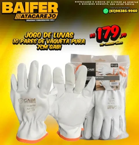 Jogo 10 Pares de Luva de Vaqueta Pura 7Cm Gabi