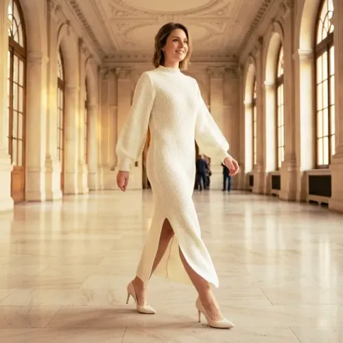 Vestido Maxi de Malha Tricô Off-White Creme - Tamanho M