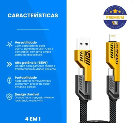 Cabo de celular iphone e samsung USB 4 em 1 - Carregamento Rápido 65W 