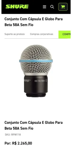 Cápsula ORIGINAL SHURE Beta 58a (microfones sem fio)