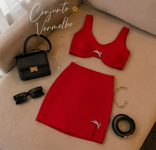 Conjunto Vermelho Premium com Detalhes em Strass