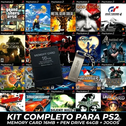 Kit completo para Playstation 2 (PS2) Memory card 16mb + Pen drive 64gb + Jogos a escolher