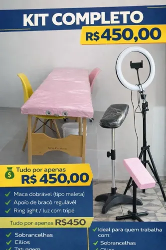 KIT Completo - Sobrancelhas, Cílios, Tatuagem - Maca, Tripé, Ring Light, Apoio de Braço