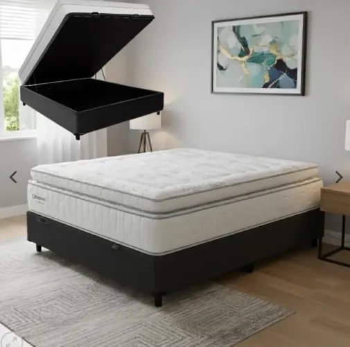 COLCHÃO CASAL NEW FREEDOM D33 + BASE BOX BAÚ CORINO PRETO ORTOBOM + ALTO NÍVEL CAMAS E COL