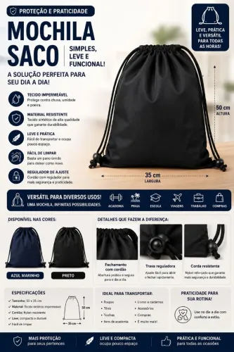 Título: Mochila Saco Impermeável 50x35 cm | Resistente com Cordão e Regulador