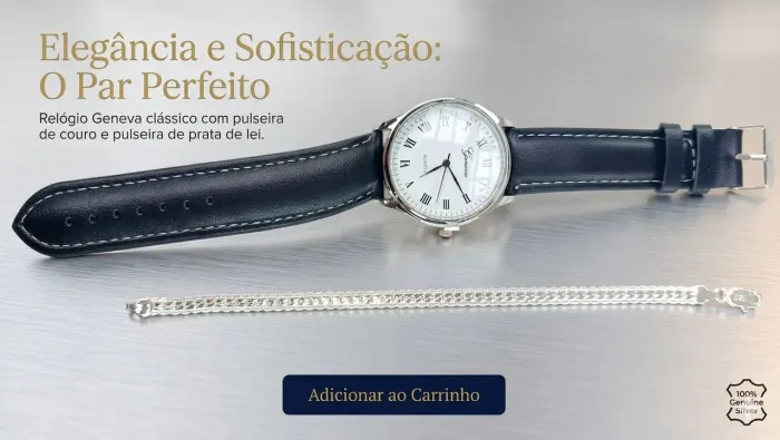 Kit Relógio de Pulso Bonito Social Geneva Com Pulseira Couro Mais Pulseira de Prata