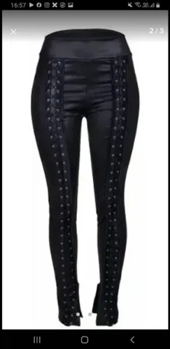 Calça cirre preta com ilhos amarração estilo couro rock 