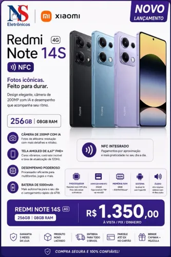 Xiaomi Redmi Note 14S 4G Global 256GB 8GB Ram Dual SIM Tela 6.67 Lacrado