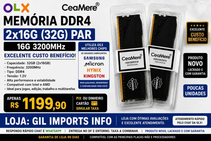 Memória DDR4 CeaMere 32GB (2x16GB) 3200MHz - Kit Dual Channel | Nova lacrada