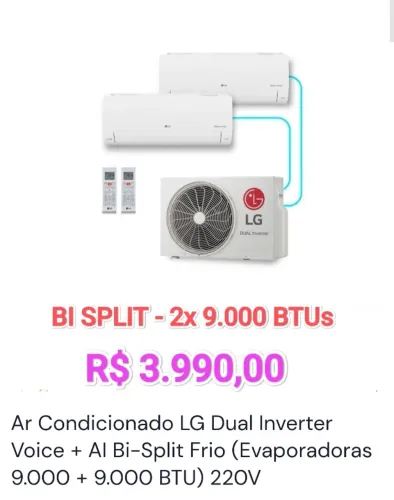Ar Split LG Dual Inverter Voice Bi-Split Frio ( 2X 9.000  BTUs ) + Novo + Nota + Garantia 