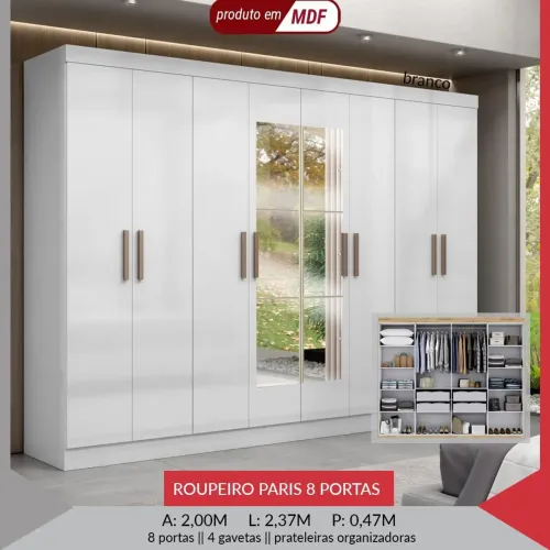 Guarda roupa Paris 8P Com espelho - Branco