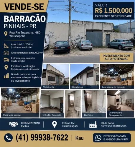 Barracão à Venda em Pinhais - Weissópolis - 1.200 m² - R$ 1,5 Milhão