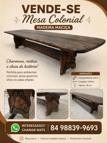 Mesa de madeira maciça colonial