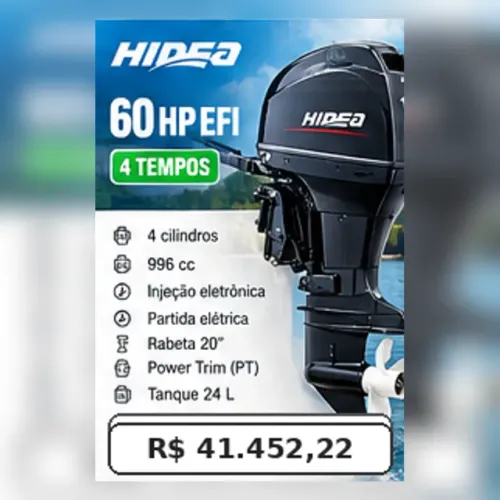Motor de Popa Hidea 60 HP 4 tempos EFI Novo - HDEF60 EFI