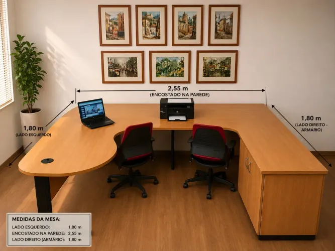 MESA DIRETORIA EM L COM ARMÁRIO BAIXO 2 PORTAS EMBUTIDO