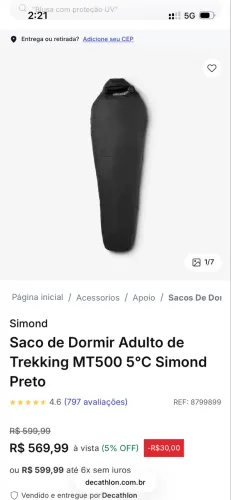 Saco de Dormir Adulto de Trekking MT500 5°C Simond Preto