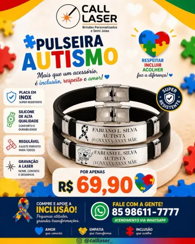 Pulseira Tema Autismo em Silicone com Aço - Personalizad