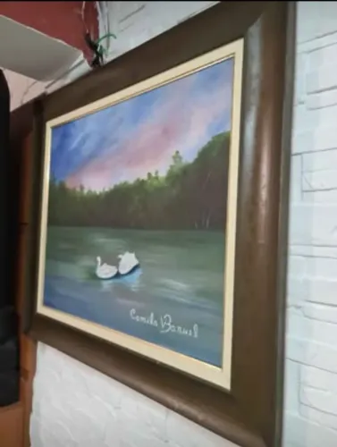 Quadro Pintura Sobre Tela, imagem Cisnes Brancos no Lago (Descrição Abaixo)