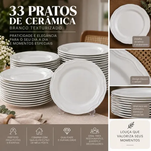 33 Pratos Brancos Texturizados de Cerâmica - Mesa Posta e Eventos