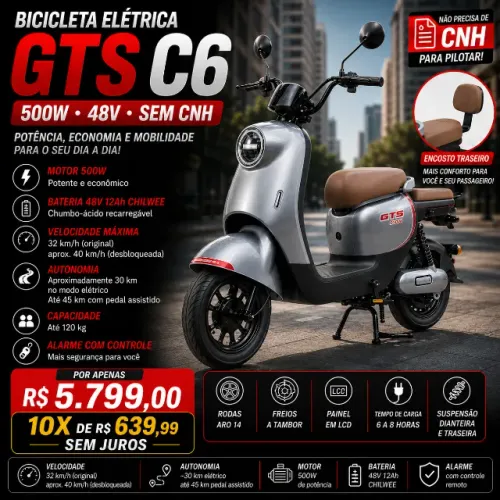 Bicicleta Elétrica GTS C6 500W 48V 30km Autonomia 32km/h Nova Sem CNH