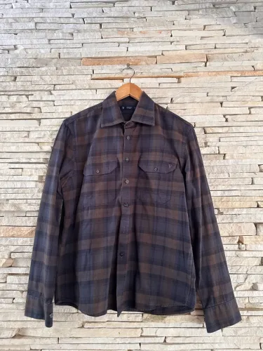 Camisa Reserva Masculina Manga Longa Xadrez Marrom e Azul