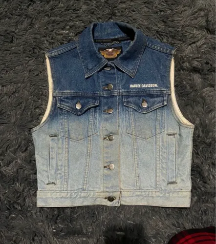 colete jeans original harley davidson degradê bordado frente e costas