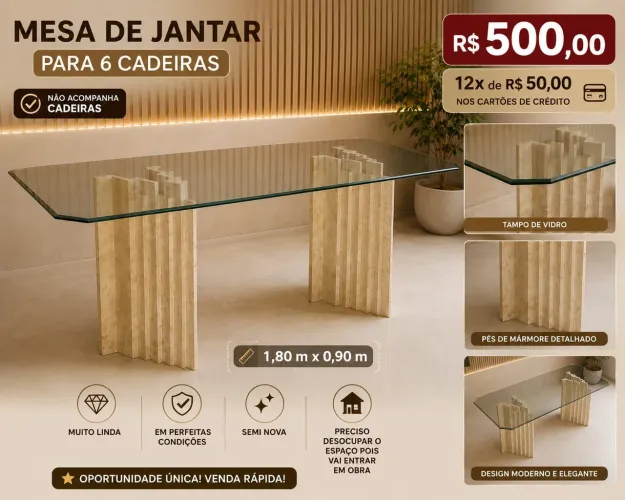 Mesa grande pes de mármore tampo de vidro