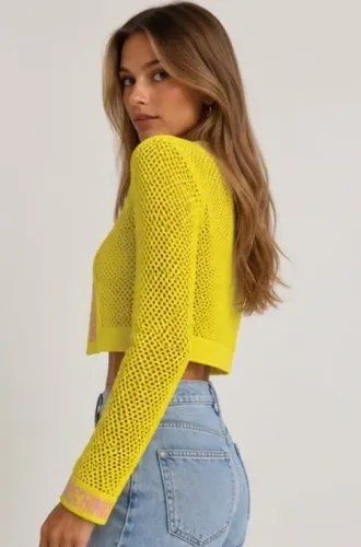 Cardigan Moschino Cropped Tricô Vazado Amarelo - Tam. P