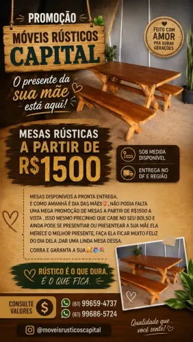 Mesa rústica  de 3 metros com bancos 
