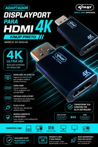 Adaptador DisplayPort X HDMI 4K Knup Preto (NOVO/LACRADO!)