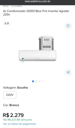 R$ 1.700 - Ar condicionado 12000 btus frio inverter Agratto