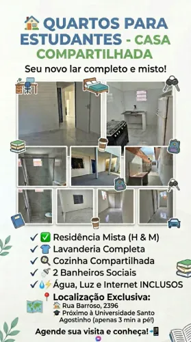 Aluguel de quarto para estudantes (tudo incluso) - Prox. à Universidade Santo Agostinho