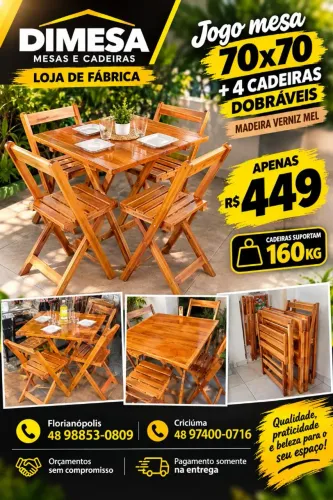 MESA 70x70 + 4 CADEIRAS DOBRÁVEIS ? MADEIRA MACIÇA VERNIZ | R$449