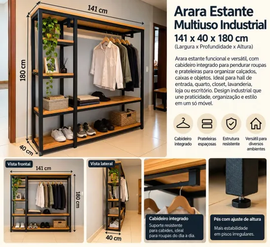 Arara Estante Industrial com Cabideiro e Prateleiras - 141 cm
