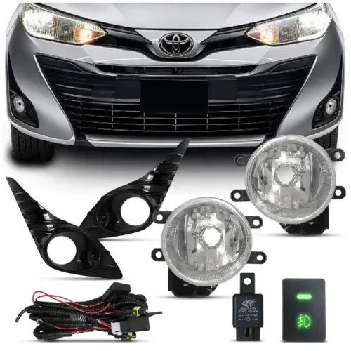 Kit Farol de Milha Toyota Yaris Hatch Sedan - C/ Moldura Blackpiano - Botão e Lâmpada