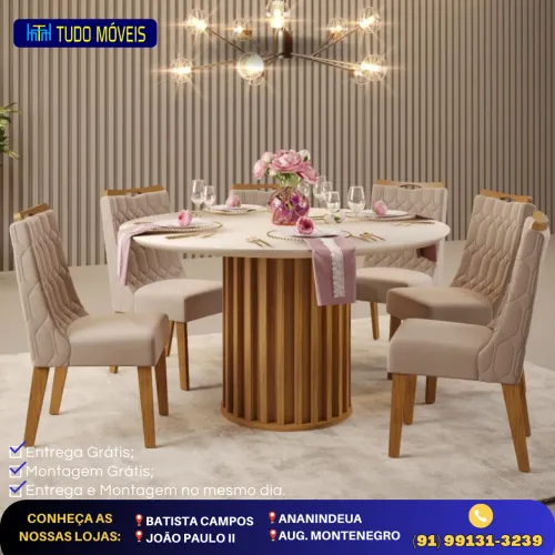 SALA DE JANTAR MESA COM TAMPO EM VIDRO REDONDO E 6 CADEIRAS