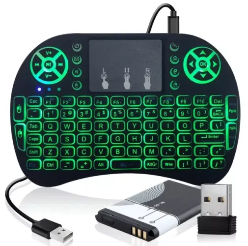 Miniteclado Air Mouse Touchpad Sem Fio, P/ TvBox e SmartTv, Recarregavel, Luz Led RGB
