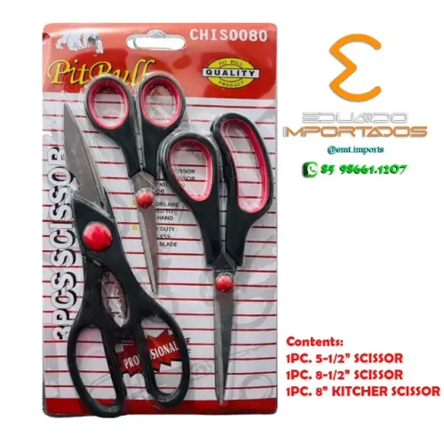 Kit 3 Tesouras Para Uso Domestico e Profissional Multiuso Cozinha Aço Inox