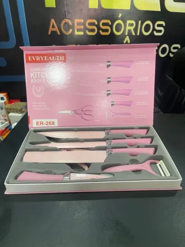 Promocao Jogo de Facas Corrugadas - 6 Peças - Rosa