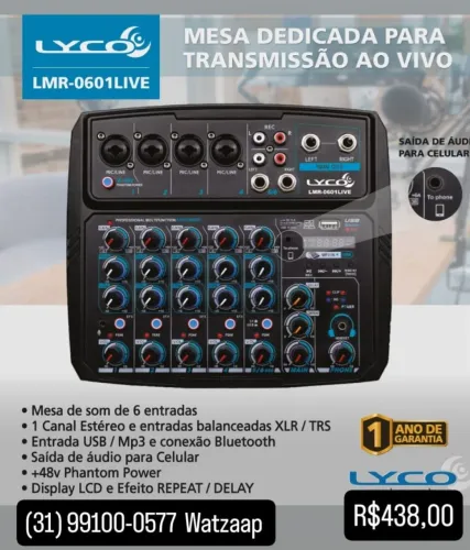 Mesa de Som 6 Entradas Lyco LMR-0601LIVE - Transmissão ao Vivo