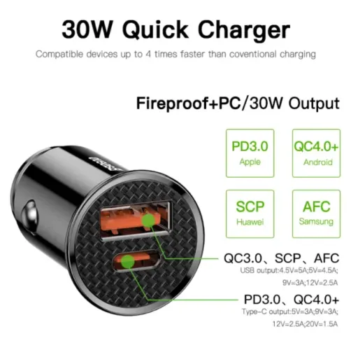 Carregador Veicular Turbo 30w Duplo Baseus Quick Charge 3.0