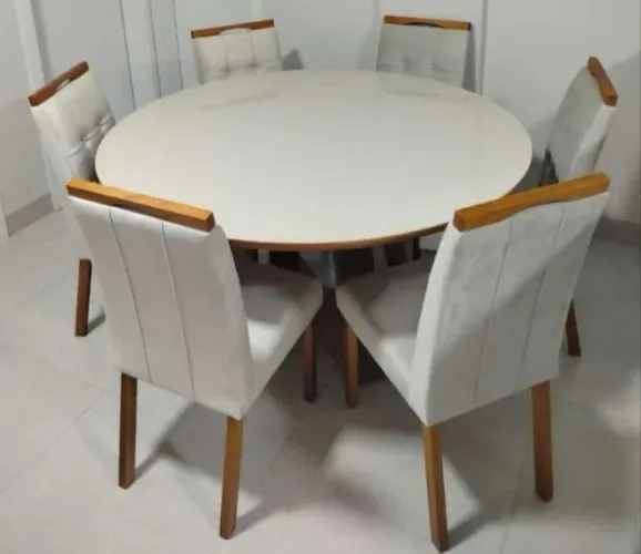Mesa de Jantar Branca 6 Cadeiras madeira maciça tampo de vidro