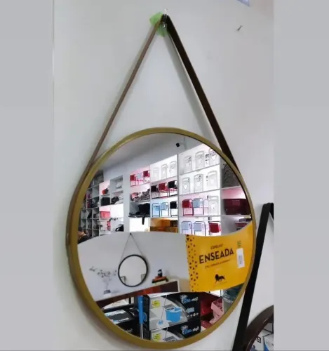 Espelho Redondo Decorativo com Alça de Couro