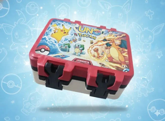 Jogo de cartas UNO- temático POKÉMON - em caixa impressa em 3D